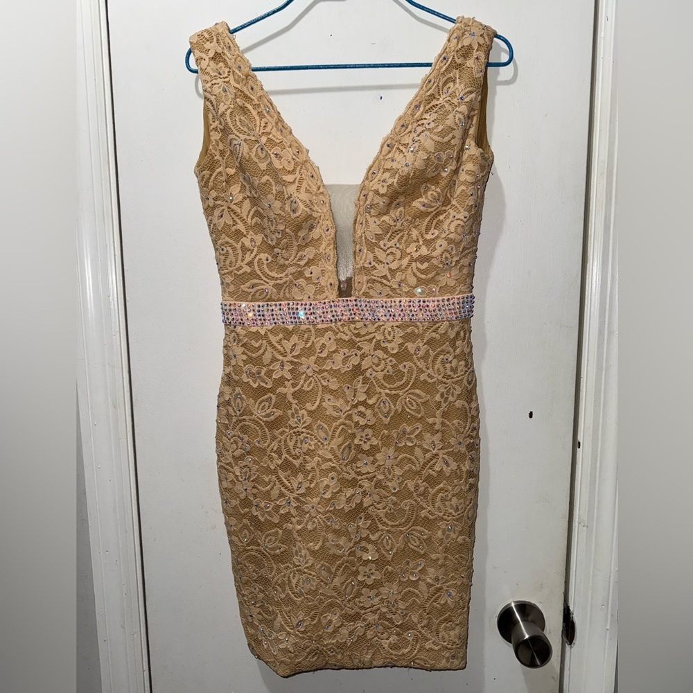 Jovani Lace Rhinestone Open Back Cocktail Dress Beige Size 6